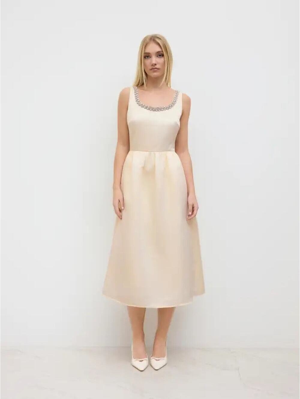 Cider NWT Women's Vintage Style Cream Satin Midi Dress Scoop Embellished Neck S